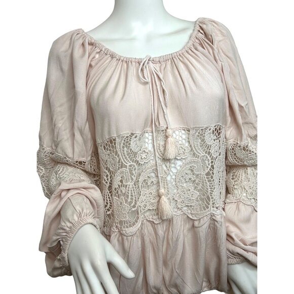Free People. Blouse S/P Pink, Lace Tassels Balloon Long Sleeve Loose Fit Classic - Picture 7 of 16